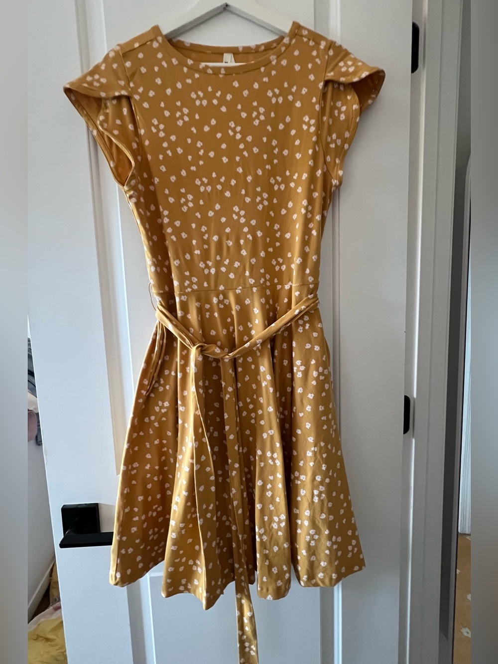 Pact Women's Mustard Blooms Fit & Flare Petal Sleeve Dress - Picture 2 of 6